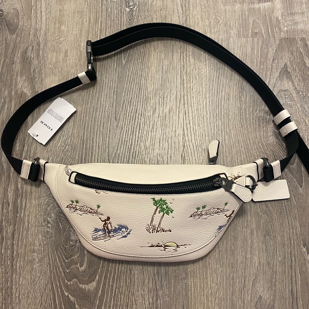 SOLD-  Coach Warren Mini Leather Belt Bag With Surf Print Hawaii- Chalk Multi